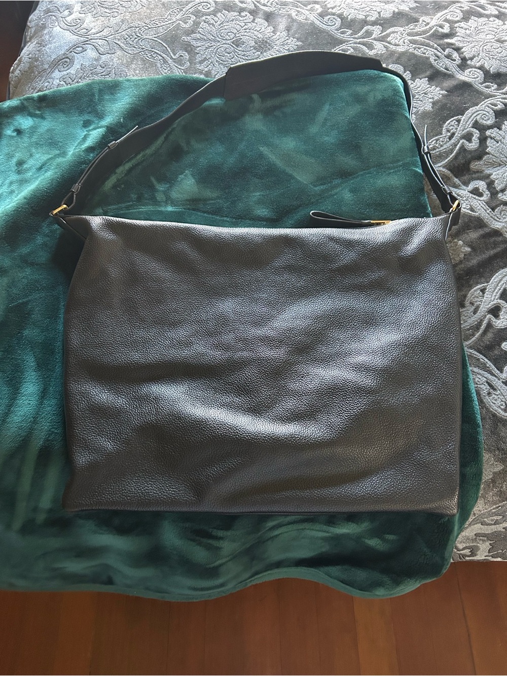 Tom Ford Black Pebbled Leather Shoulder Hobo with Gold Accents